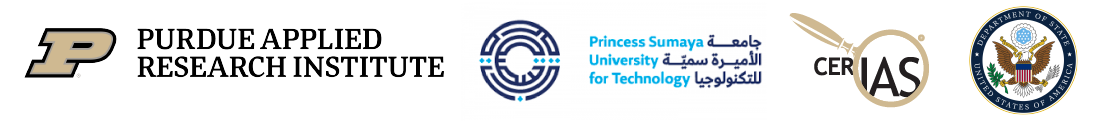 Logos for Purdue Applied Research Institute (PARI), Princess Sumaya University for Technology, and CERIAS