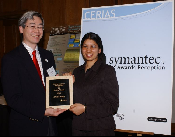 Abhilashe Bhargav recieves the Symantec Fellowship, a two-year graduate fellowship and research award.  Wes Higaki, Director of University Research for Symantec, was available to present Abbi wit hthe honor.